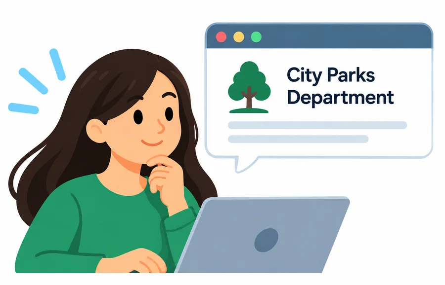 Illustration of a person at a laptop, reading a City Parks Department web page.