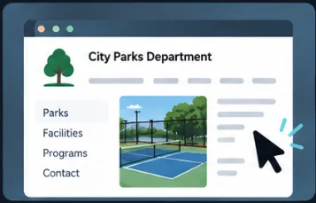Illustration of a cursor opening a pickleball court photo on a City Parks Department website.