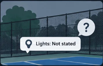 Illustration of a court at dusk with a tag reading “Lights: Not stated” and a question mark.