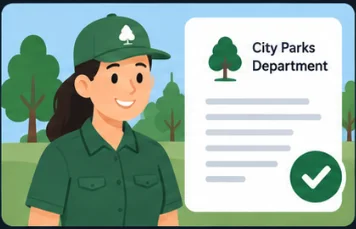 Illustration of a parks department worker beside a City Parks Department page with a green tick.